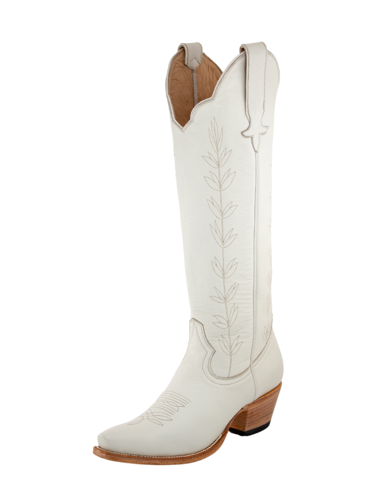 Snip-Toe Leaves Embroidery Wide Calf Knee High Cowgirl Boots - Ivory