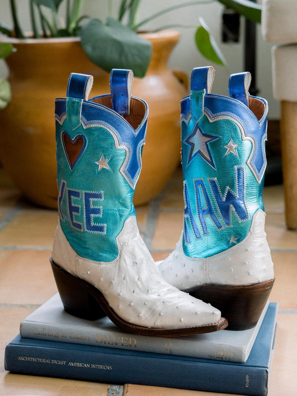 Contrast Tri-Color Ostrich-Textured And Metallic Vegan Leather Heart Star Letter Inlay Cowgirl Boots - Blue