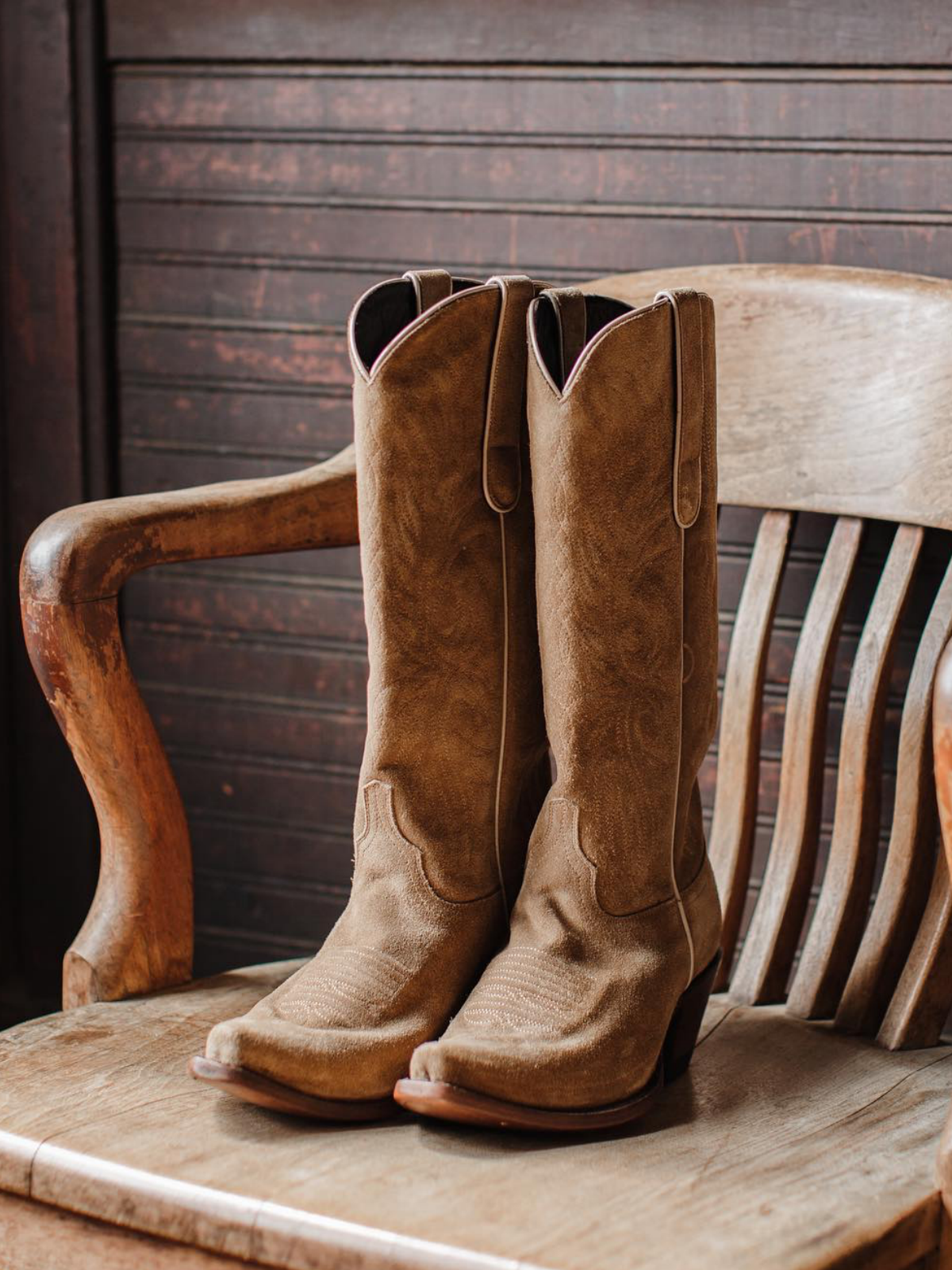 Tan Faux Suede Embroidery Snip-Toe Wide Mid Calf Cowboy Tall Boots For Women