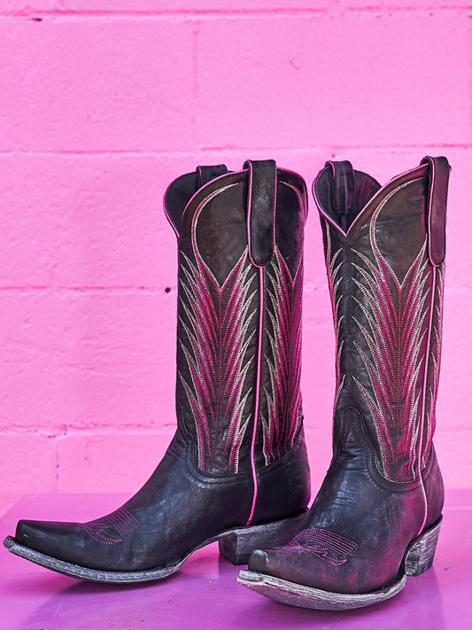 Black Embroidery Snip-Toe Wide Mid Calf Western Boots Cowgirl Tall Boots