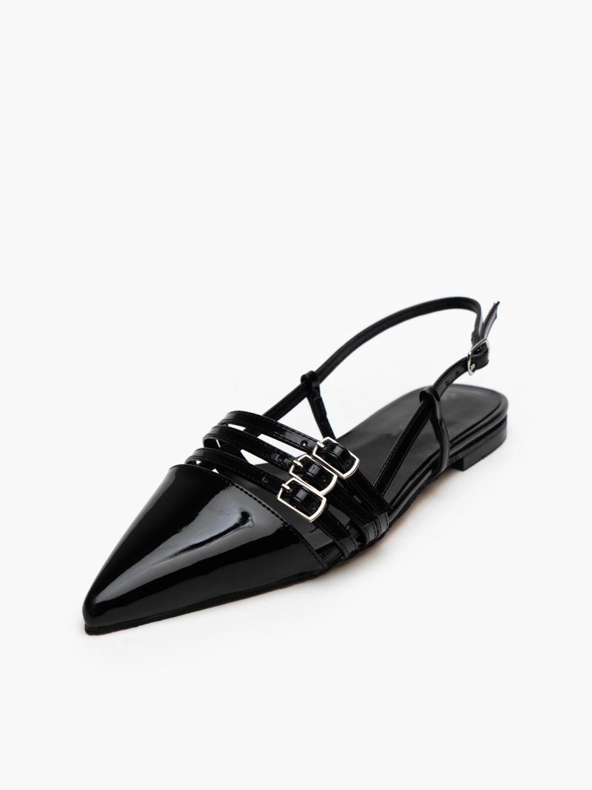 Black Patent Pointy Ballet Flats Slingbacks With Tripple Parallel Straps