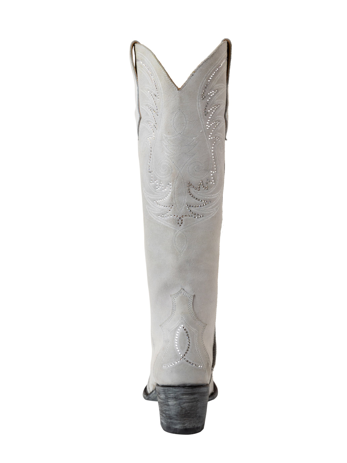 Light Gray Faux Suede Embroidery Rhinestone Snip-Toe Wide Calf Knee High Tall Cowgirl Boots