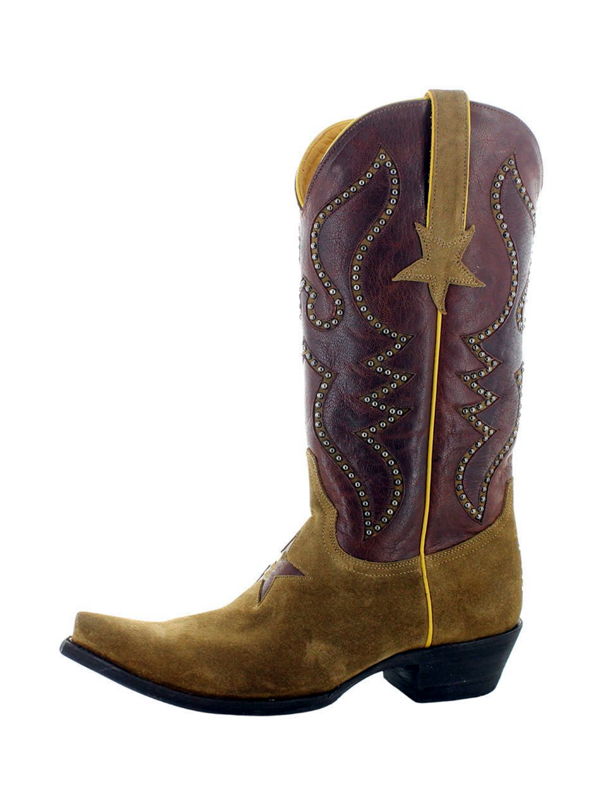 Contrast Camel Faux Suede And Dark Brown Snip-Toe Studded Star Inlay Wide Mid Calf Cowgirl Boots