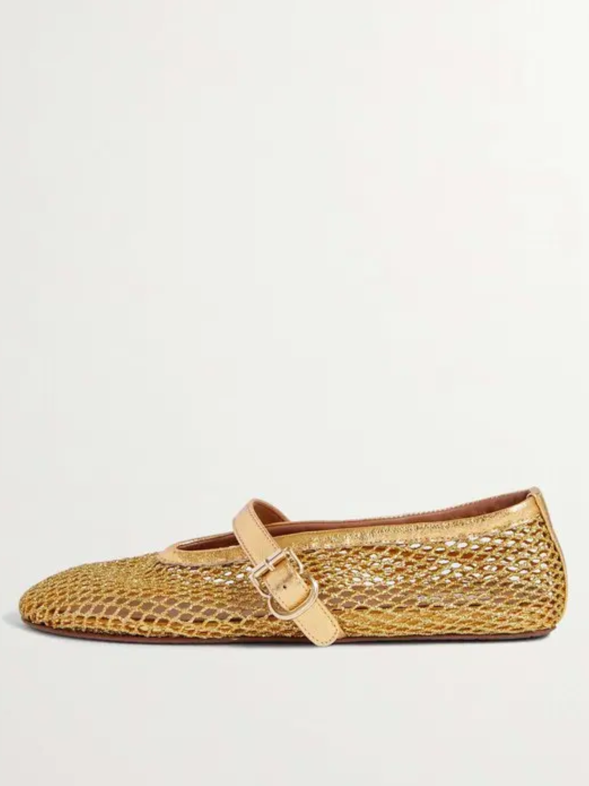 Metallic Gold Fishnet Ballet Flats Mary Janes With Buckle Strap