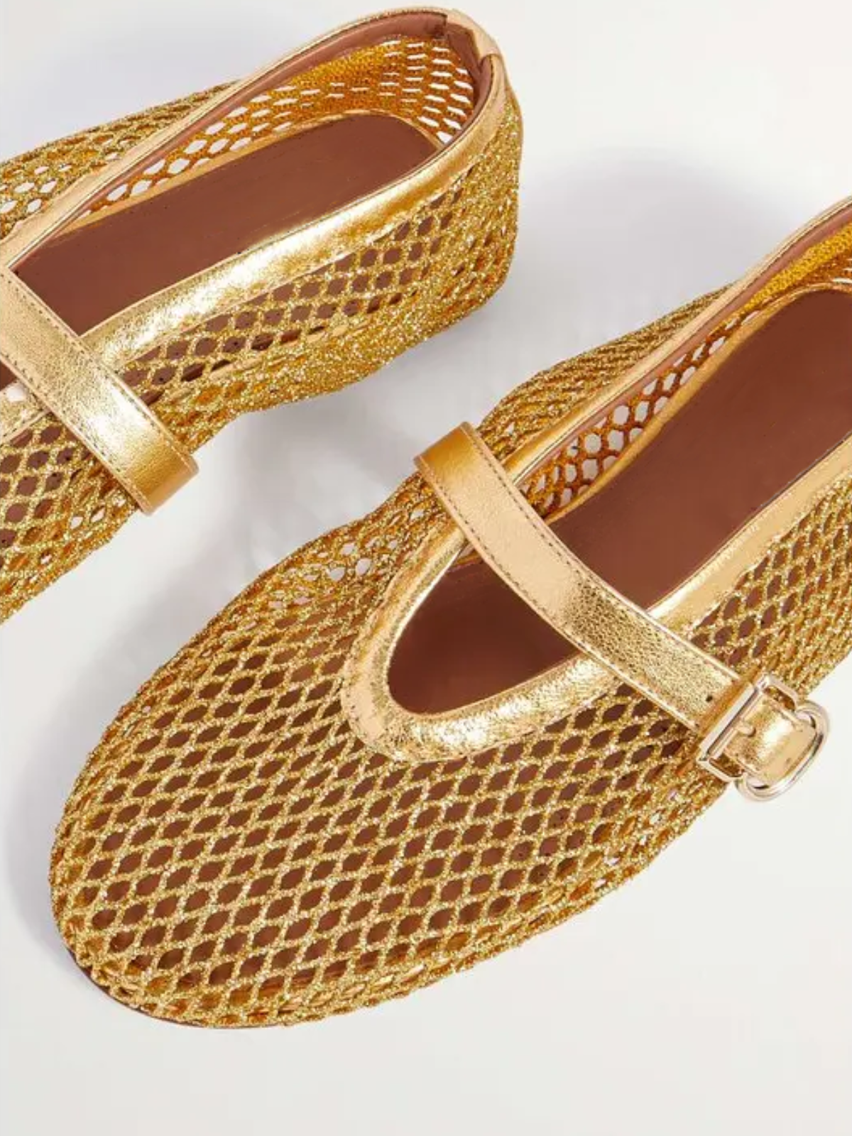 Metallic Gold Fishnet Ballet Flats Mary Janes With Buckle Strap