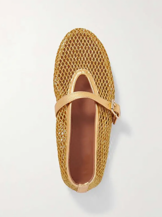 Metallic Gold Fishnet Ballet Flats Mary Janes With Buckle Strap