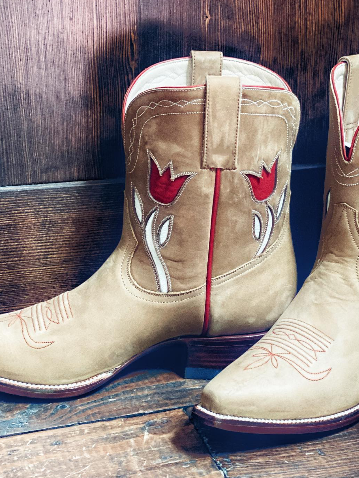 Red Tulip Inlay Snip-Toe Wide Mid Calf Cowgirl Boots In Tan