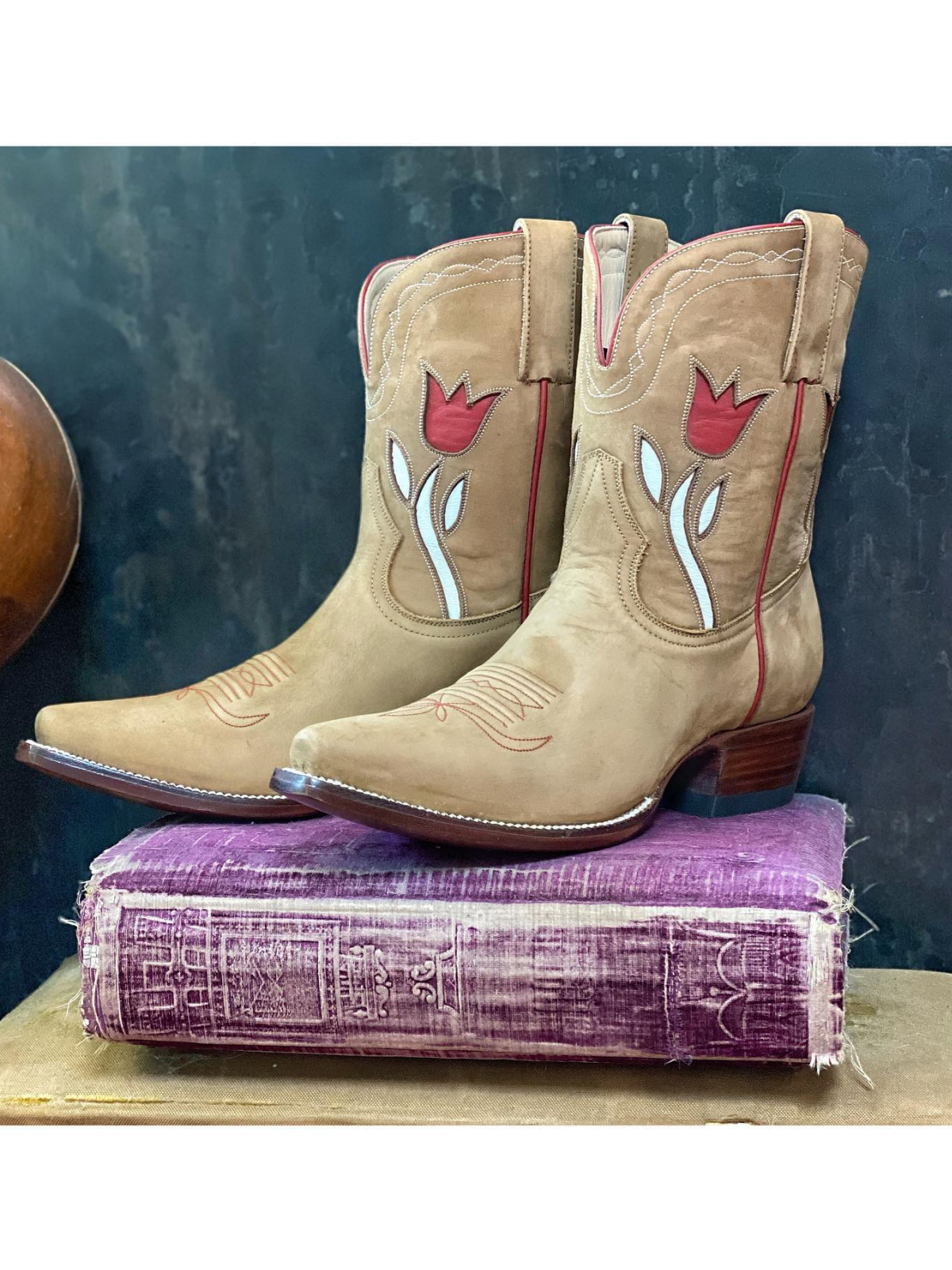 Red Tulip Inlay Snip-Toe Wide Mid Calf Cowgirl Boots In Tan