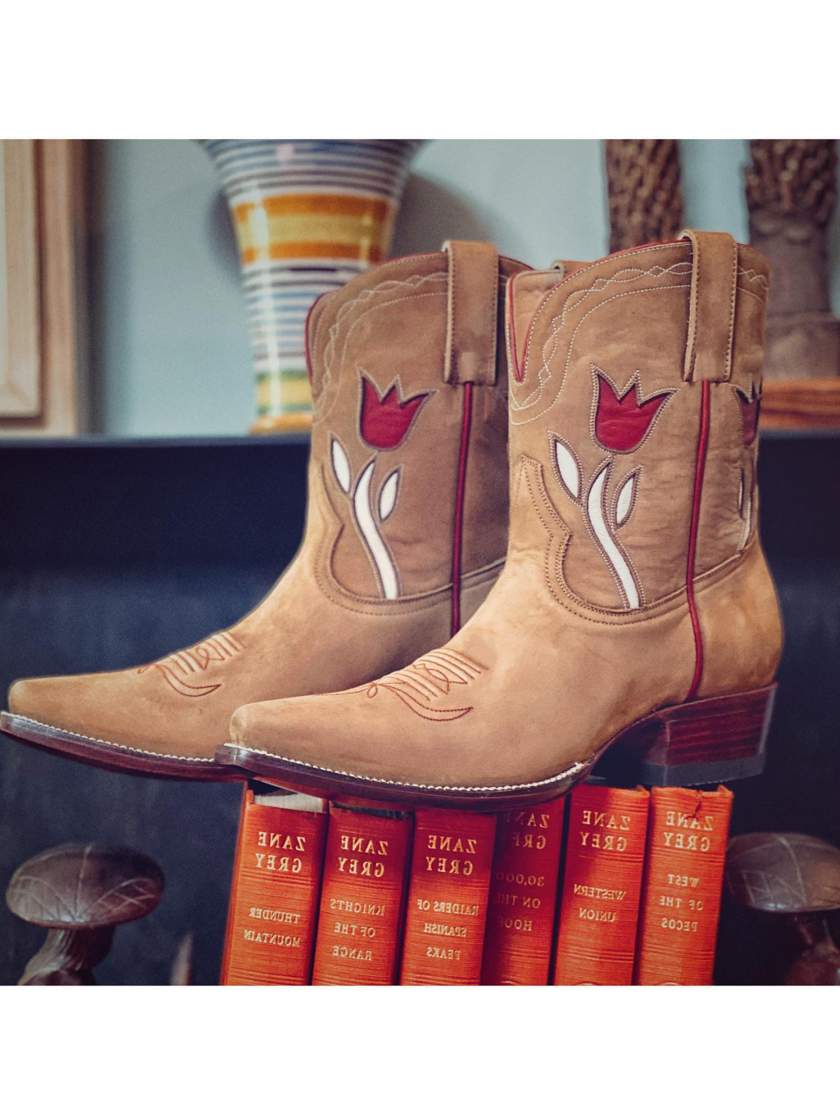 Red Tulip Inlay Snip-Toe Wide Mid Calf Cowgirl Boots In Tan