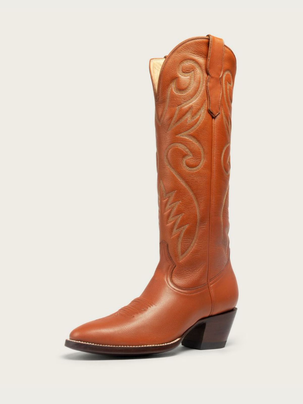 Cinnamon Brown Embroidery Almond-Toe Wide Mid Calf Tall Cowboy Boots For Women