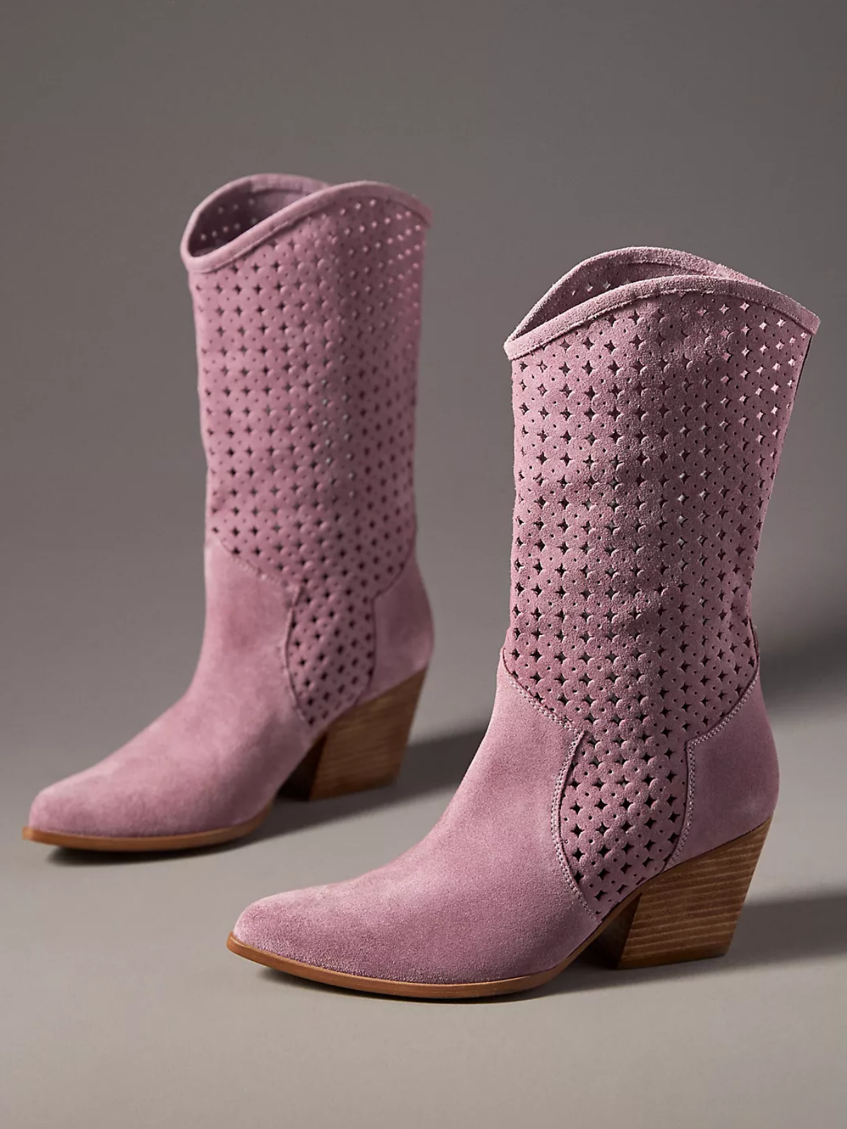 Lavender Faux Suede Almond-Toe Hollow-Out Wide Mid Calf Cowgirl Boots