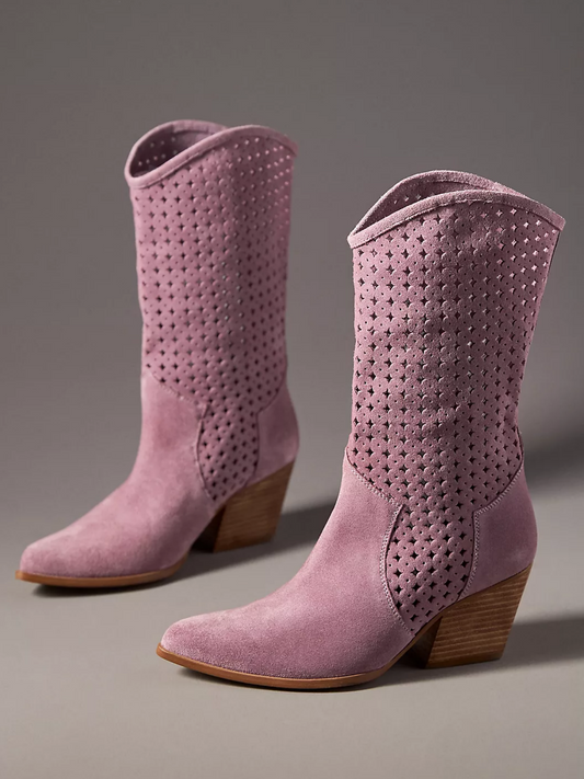 Lavender Faux Suede Almond-Toe Hollow-Out Wide Mid Calf Cowgirl Boots