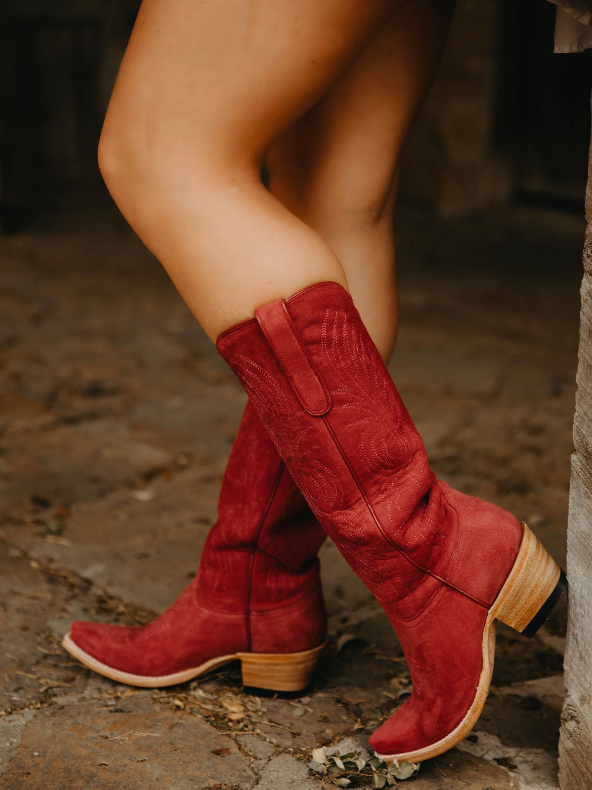 Red Faux Suede Embroidery Snip-Toe Wide Mid Calf Cowboy Tall Boots For Women