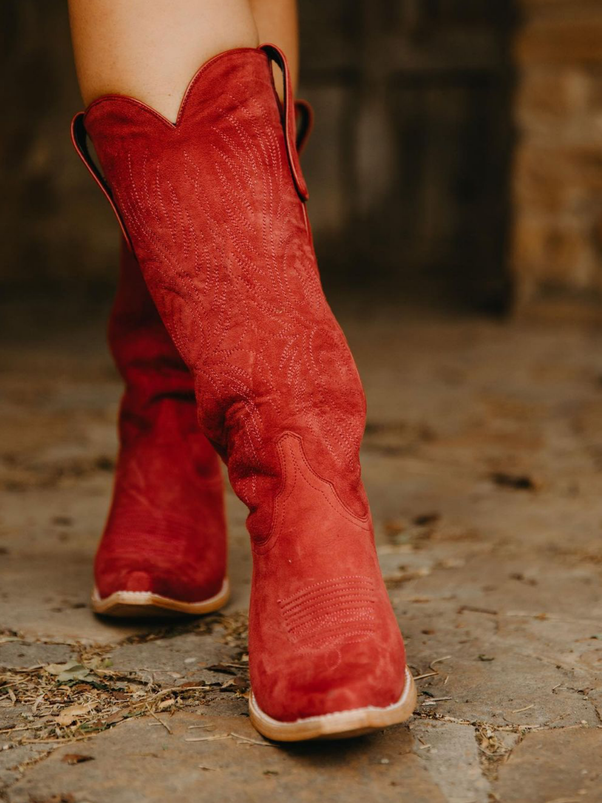 Red Faux Suede Embroidery Snip-Toe Wide Mid Calf Cowboy Tall Boots For Women