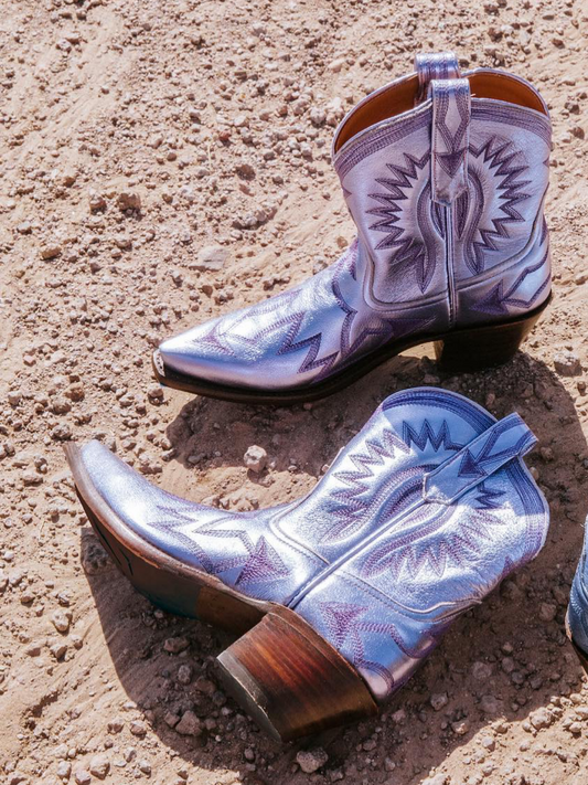 Metallic Embroidery Snip-Toe Wide Mid Calf Cowgirl Boots - Lavender