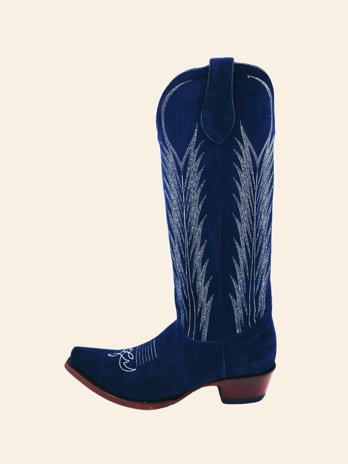 Dark Blue Faux Suede Embroidery Snip-Toe Wide Mid Calf Western Boots Cowgirl Tall Boots