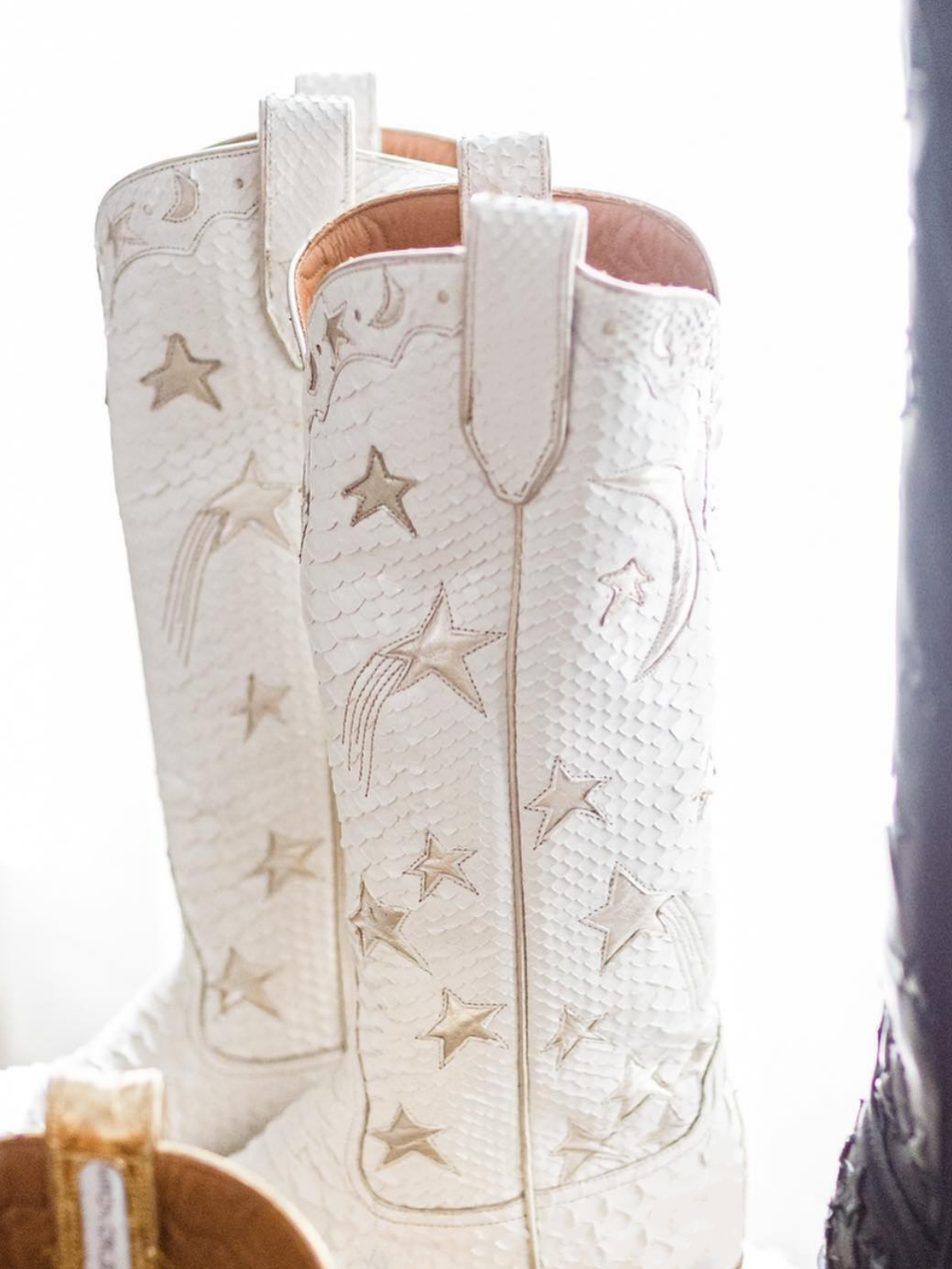 White Snakeskin Snip-Toe Metallic Gold Star And Moon Inlay Wide Calf Knee High Cowgirl Boots