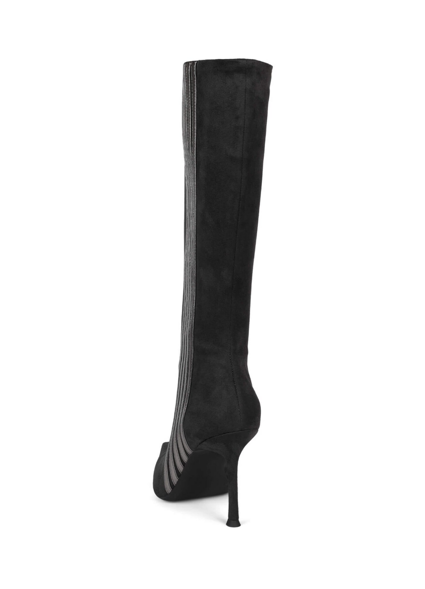 Dark Gray Pointed-Toe Mid Calf Full-Zip Stiletto Boots With Metallic Contrasting Stripe