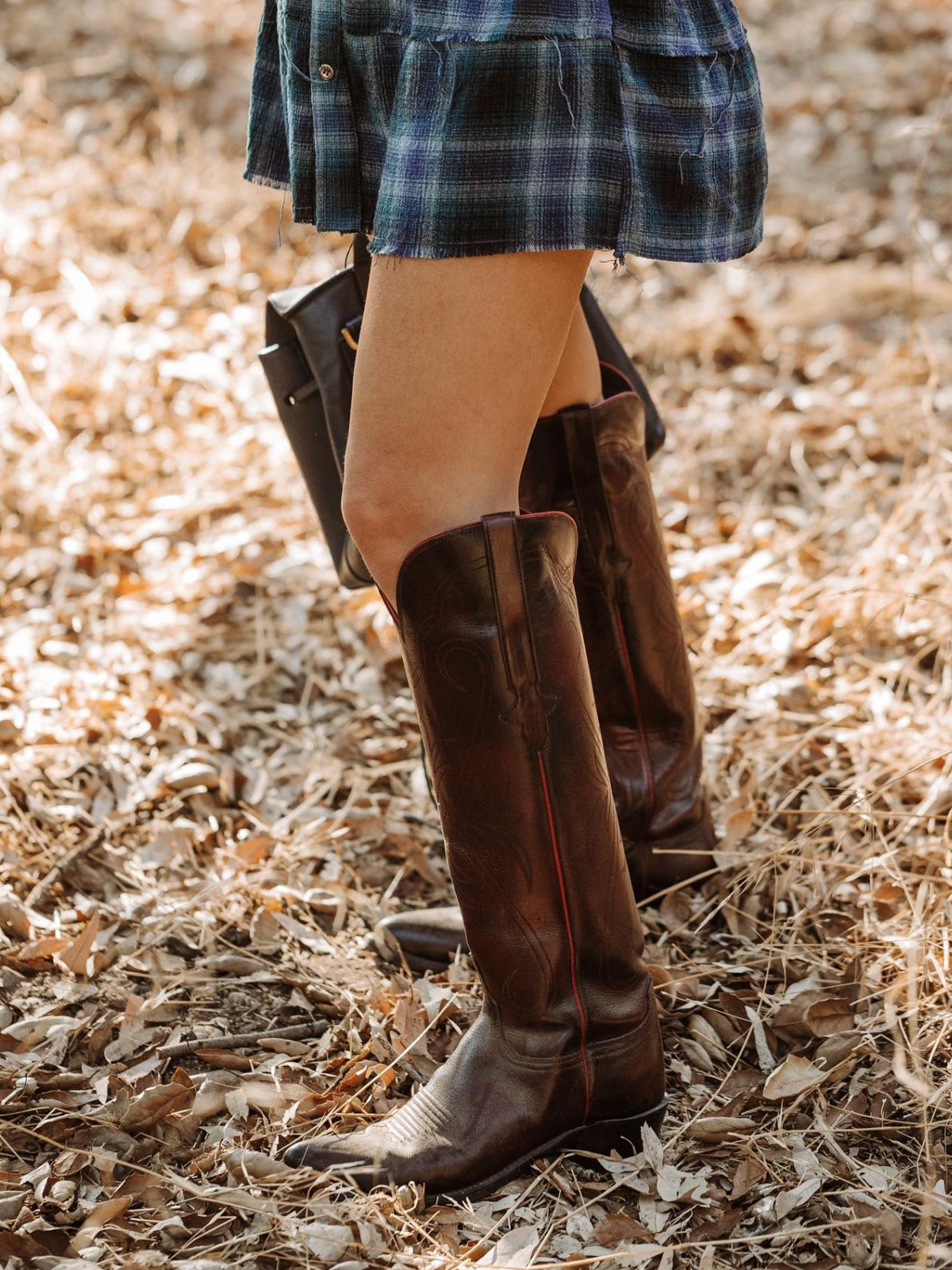 Dark Brown Almond-Toe Embroidery Wide Calf Knee High Tall Western Boots For Women