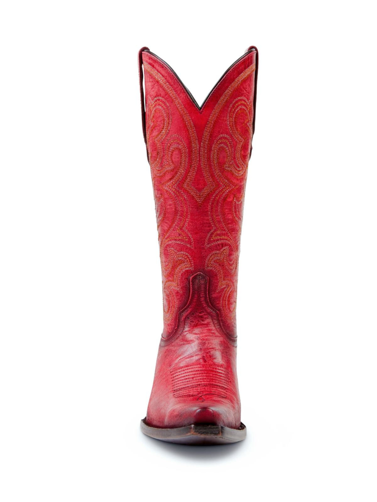 Distressed Red Embroidery Snip-Toe Wide Mid Calf Tall Cowboy Boots For Women