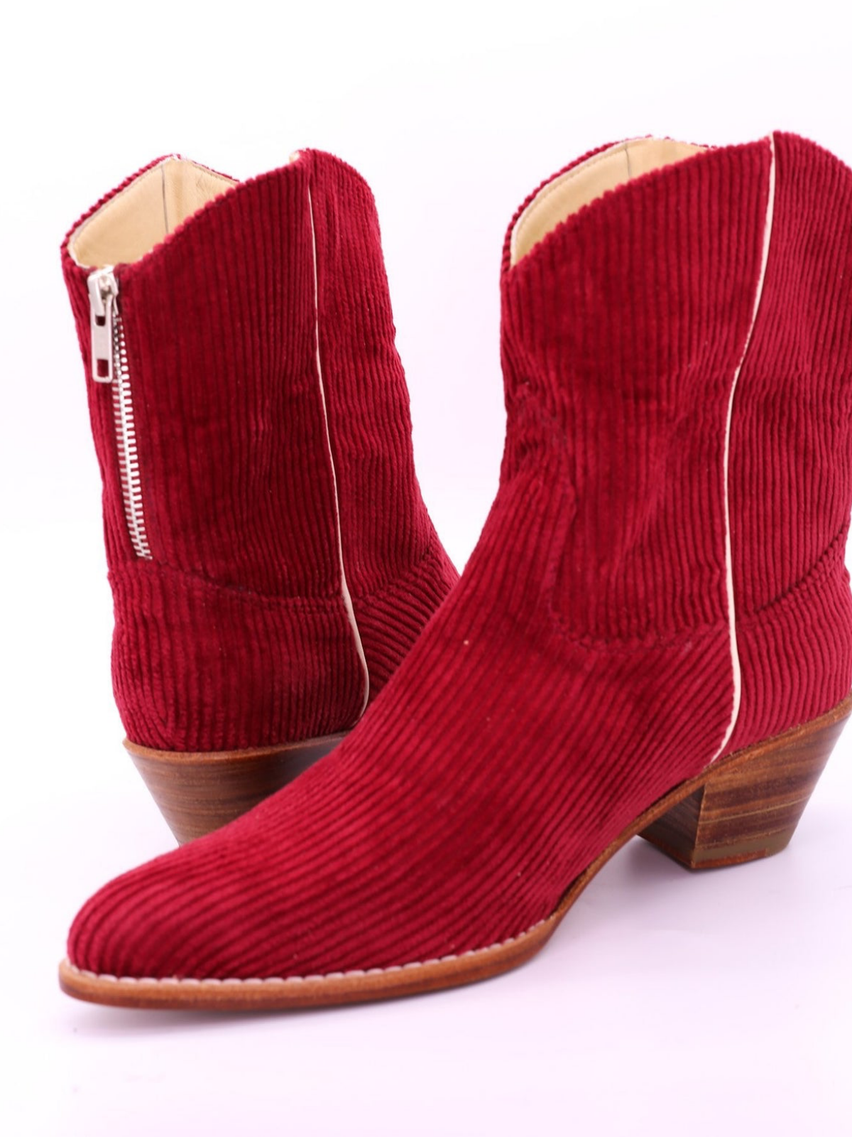 Red Striped Velveteen Almond-Toe Back-Zip Mid Calf Cowgirl Boots