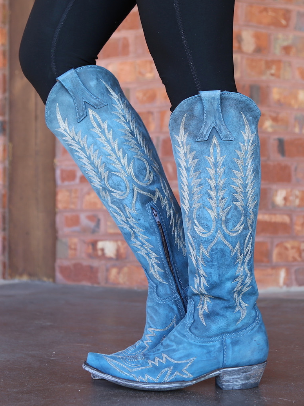 Distressed Blue Snip-Toe Half-Zip Embroidery Knee High Tall Cowgirl Boots