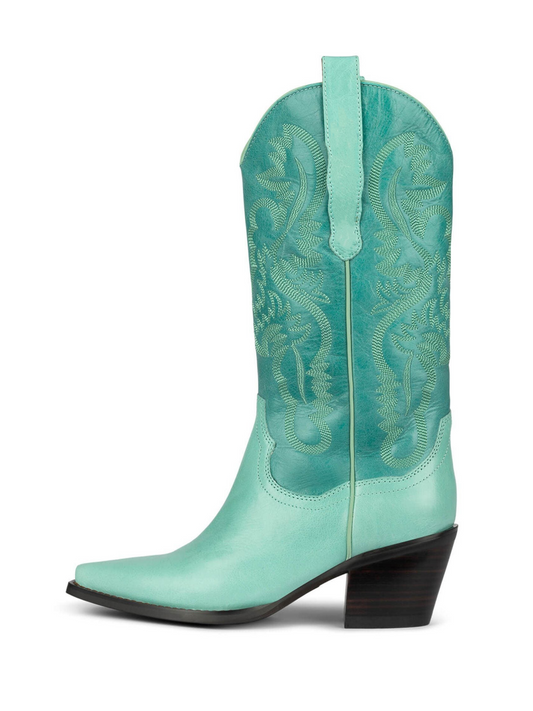 Contrast Light Green And Green Snip-Toe Embroidery Wide Mid Calf Tall Cowgirl Boots