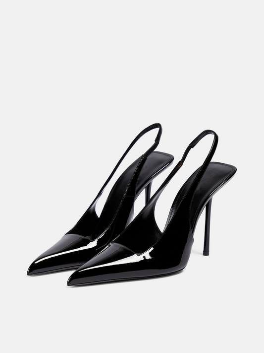 Patent Black Pointy Slingback Stiletto Pumps with Buckled Strap