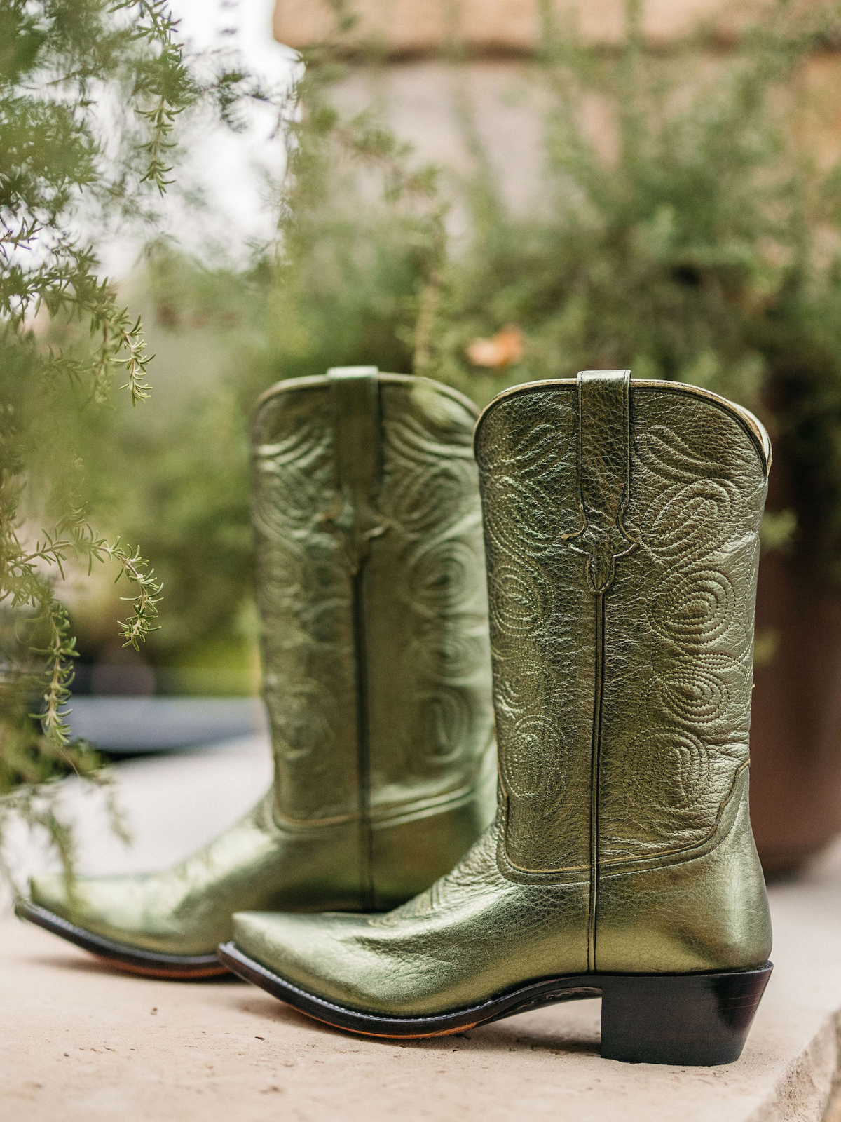 Olive Green Metallic Embroidery Cowgirl Boots Wide Calf Western Boots