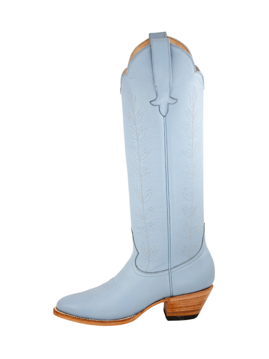 Almond-Toe Leaves Embroidery Wide Calf Knee High Cowgirl Boots - Powder Blue