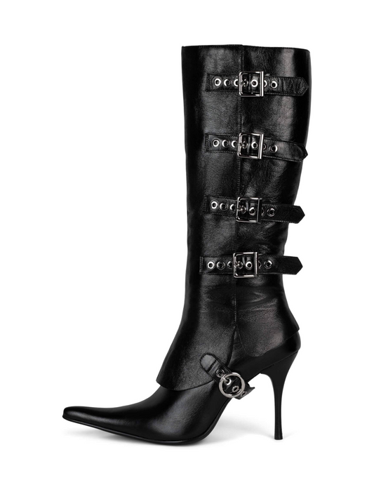 Black Pointed-Toe Full-Zip Mid Calf Stiletto Boots With Buckles