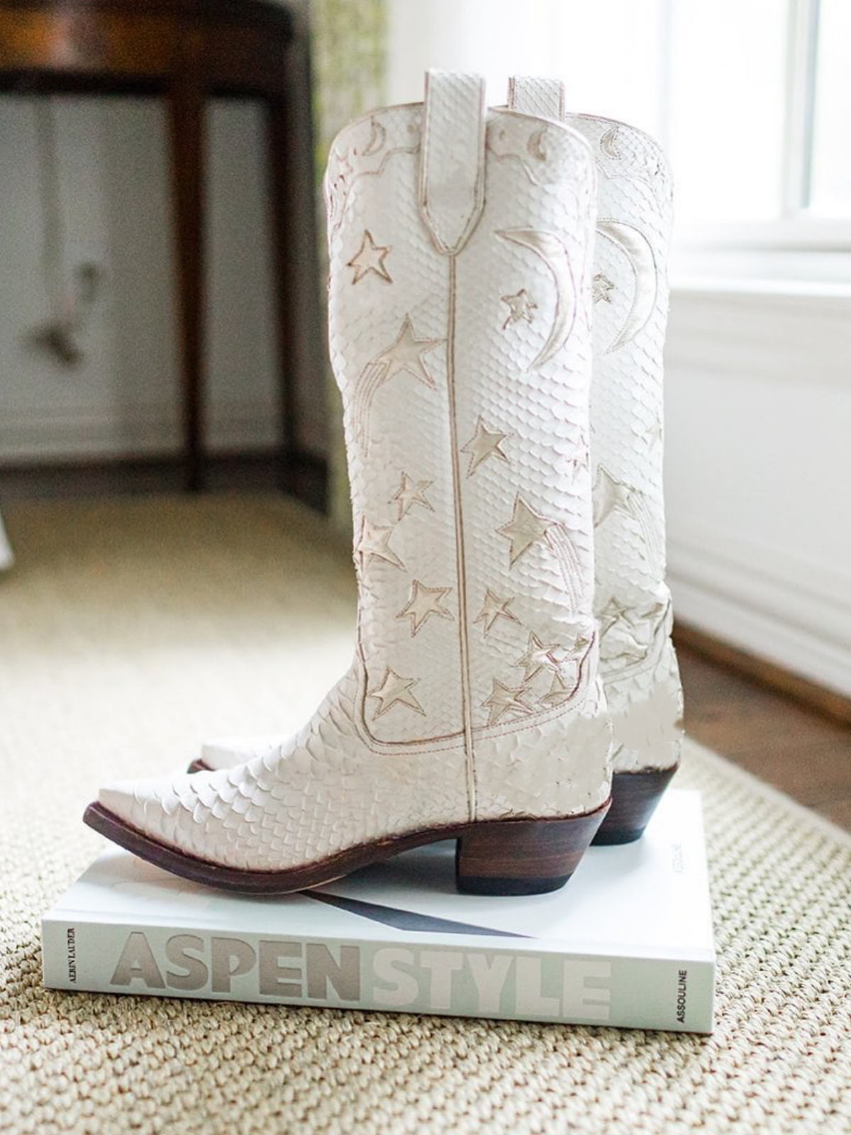 White Snakeskin Snip-Toe Metallic Gold Star And Moon Inlay Wide Calf Knee High Cowgirl Boots