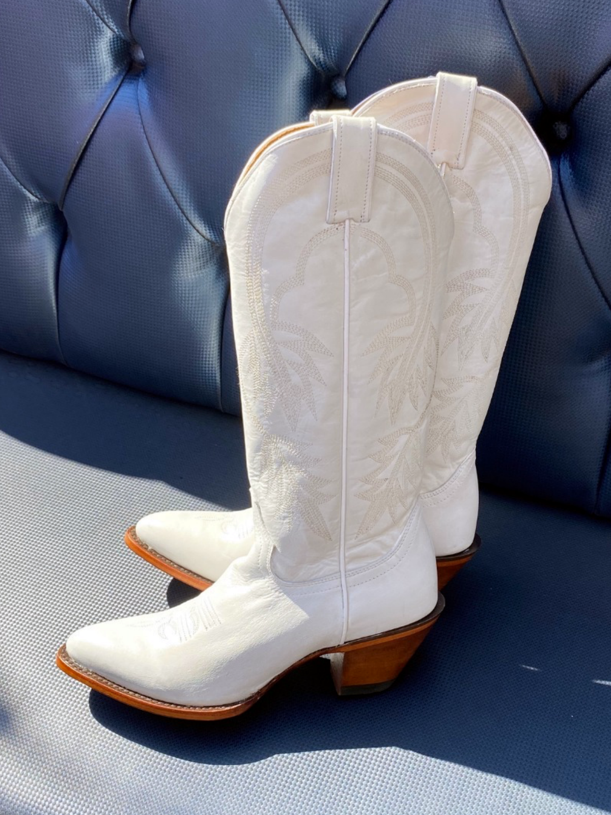 White Almond-Toe Fallen Leaves Embroidery Wide Mid Calf Tall Cowgirl Boots