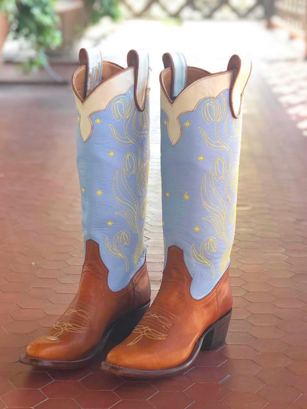 Contrast Brown And Blue Embroidery Almond-Toe Wide Mid Calf Tall Cowgirl Boots