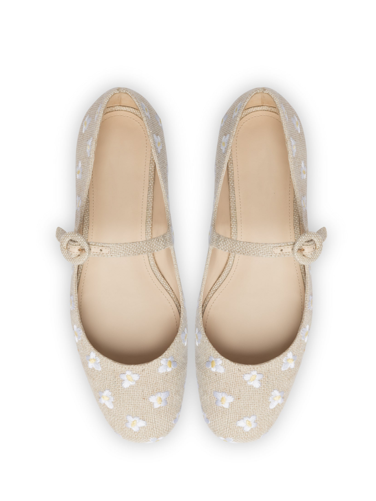 Beige Floral Embroidery Canvas Round-Toe Bridge Starp Ballet Flats