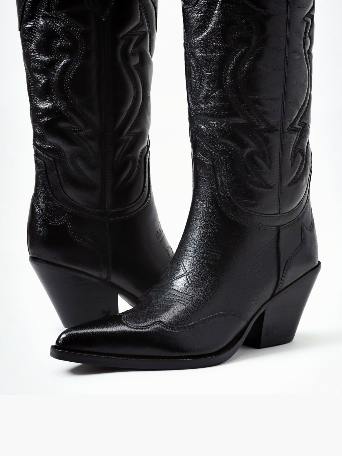 Black Pointed-Toe Classic Embroidery Wide Mid Calf Cowgirl Boots