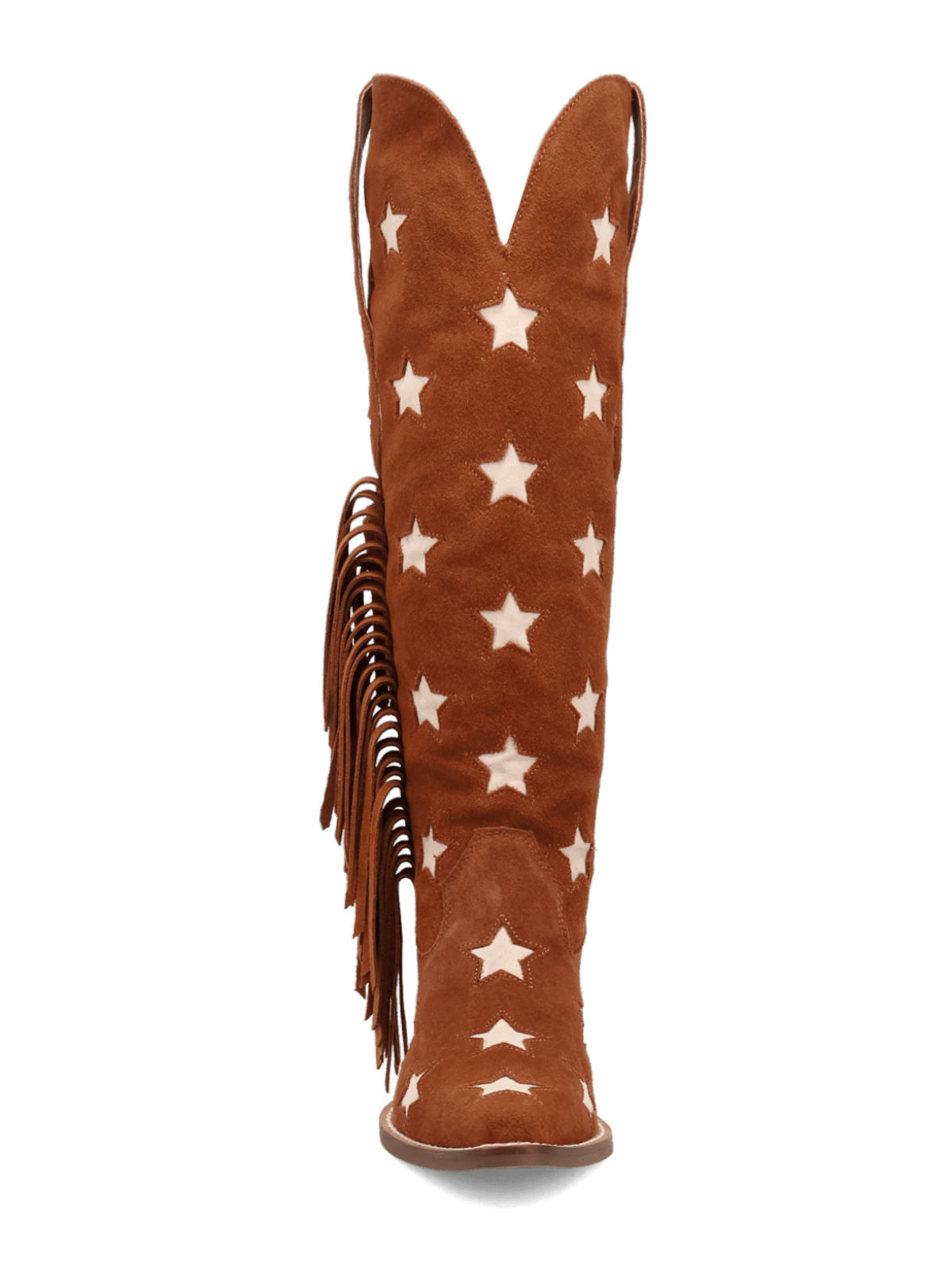 Fringe Faux Suede Snip-Toe Stars Inlay Wide Calf Knee High Cowgirl Boots - Camel