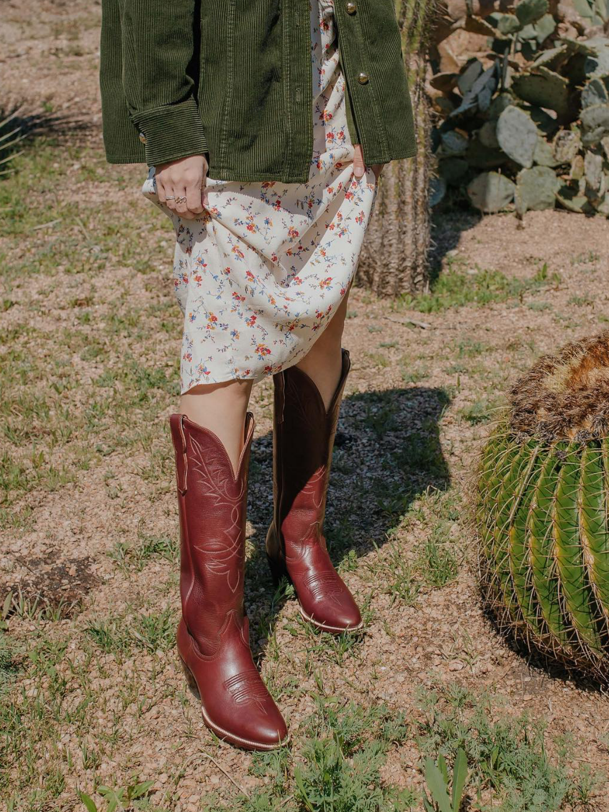 Brown Vegan Leather Embroidery Almond-Toe Wide Mid Calf Tall Cowgirl Boots