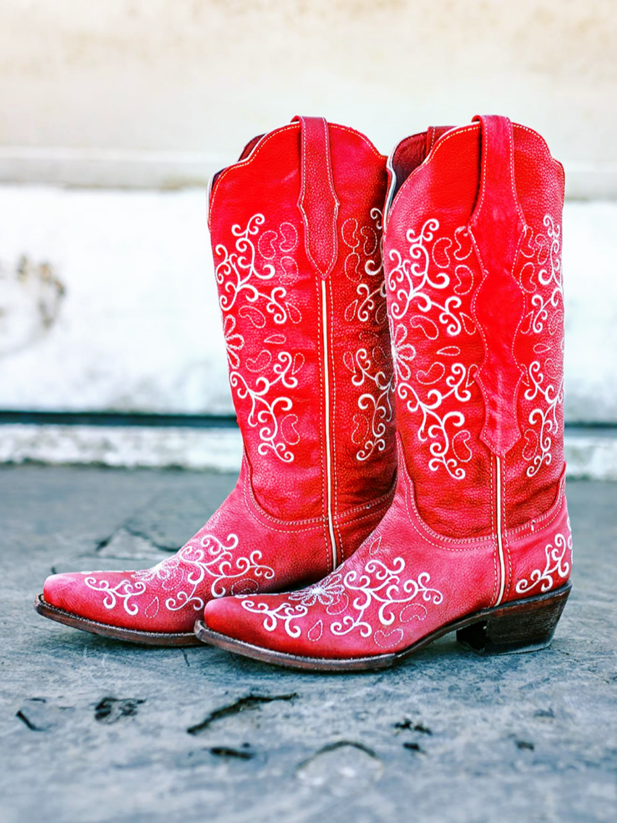 Red Filigree Floral Embroidery Snip-Toe Wide Mid Calf Western Boots Cowgirl Tall Boots