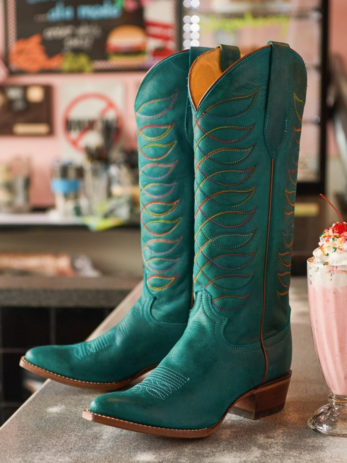 Turquoise Round-Toe Embroidery Wide Mid Calf Tall Cowgirl Boots