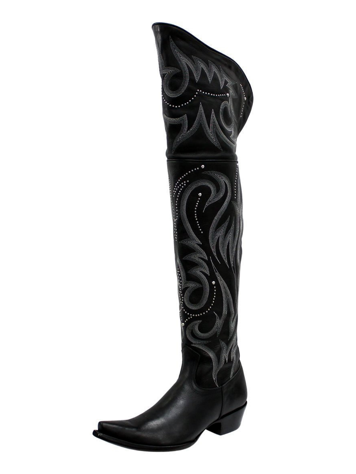 Black Snip-Toe Studded Embroidery Half-Zip Over-The-Knee Cowgirl Boots