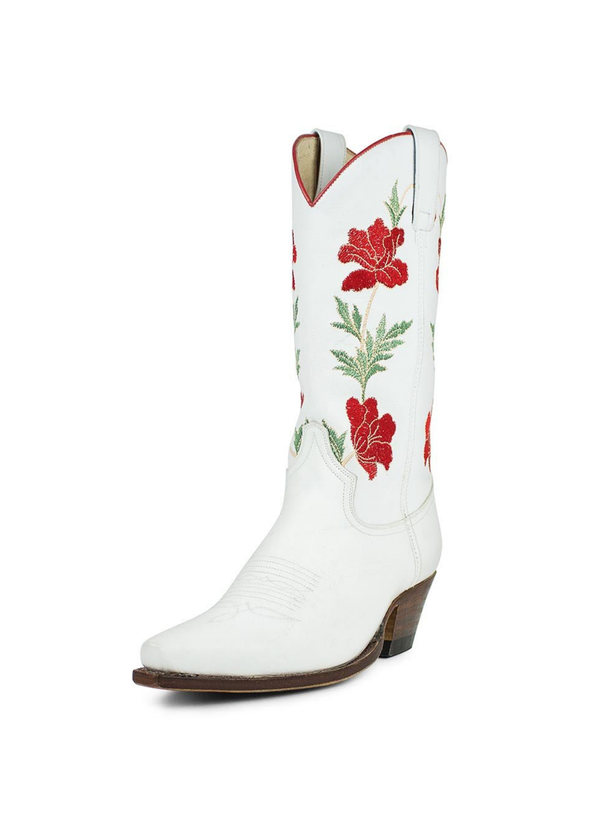 White Snip-Toe Red Flower Embroidery Wide Mid Calf Cowgirl Tall Boots