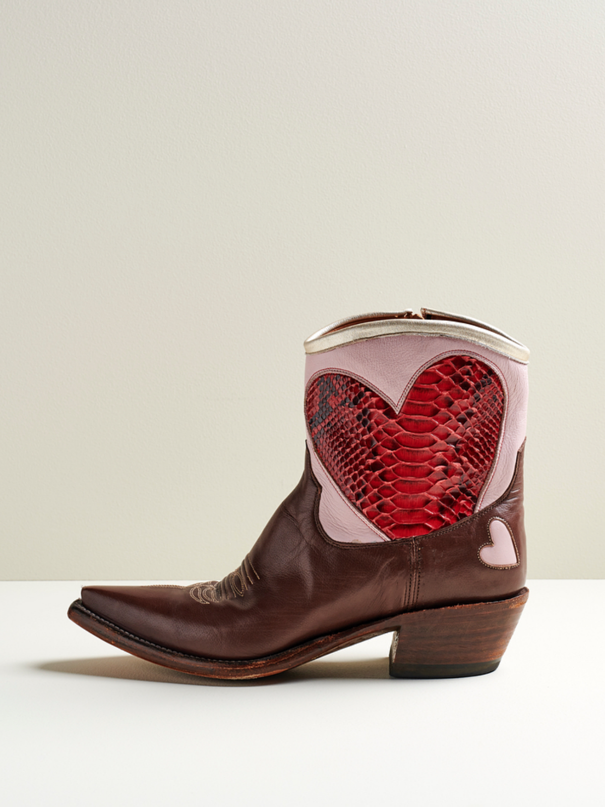 Contrast Brown And Pink Snip-Toe Metallic Snakeskin Red Heart Inlay Ankle Booties