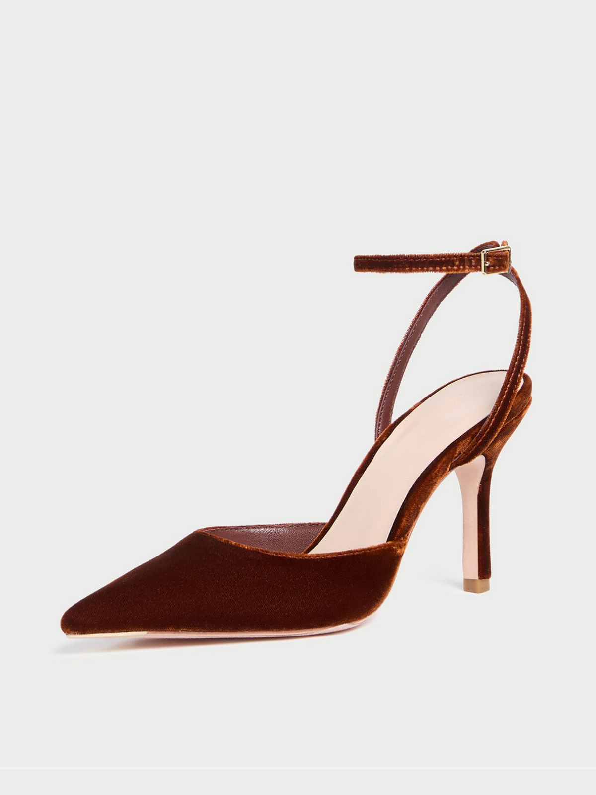 Brown Velvet Pointed-Toe Pump High Heels With Adjustable Buckle Ankle Strap