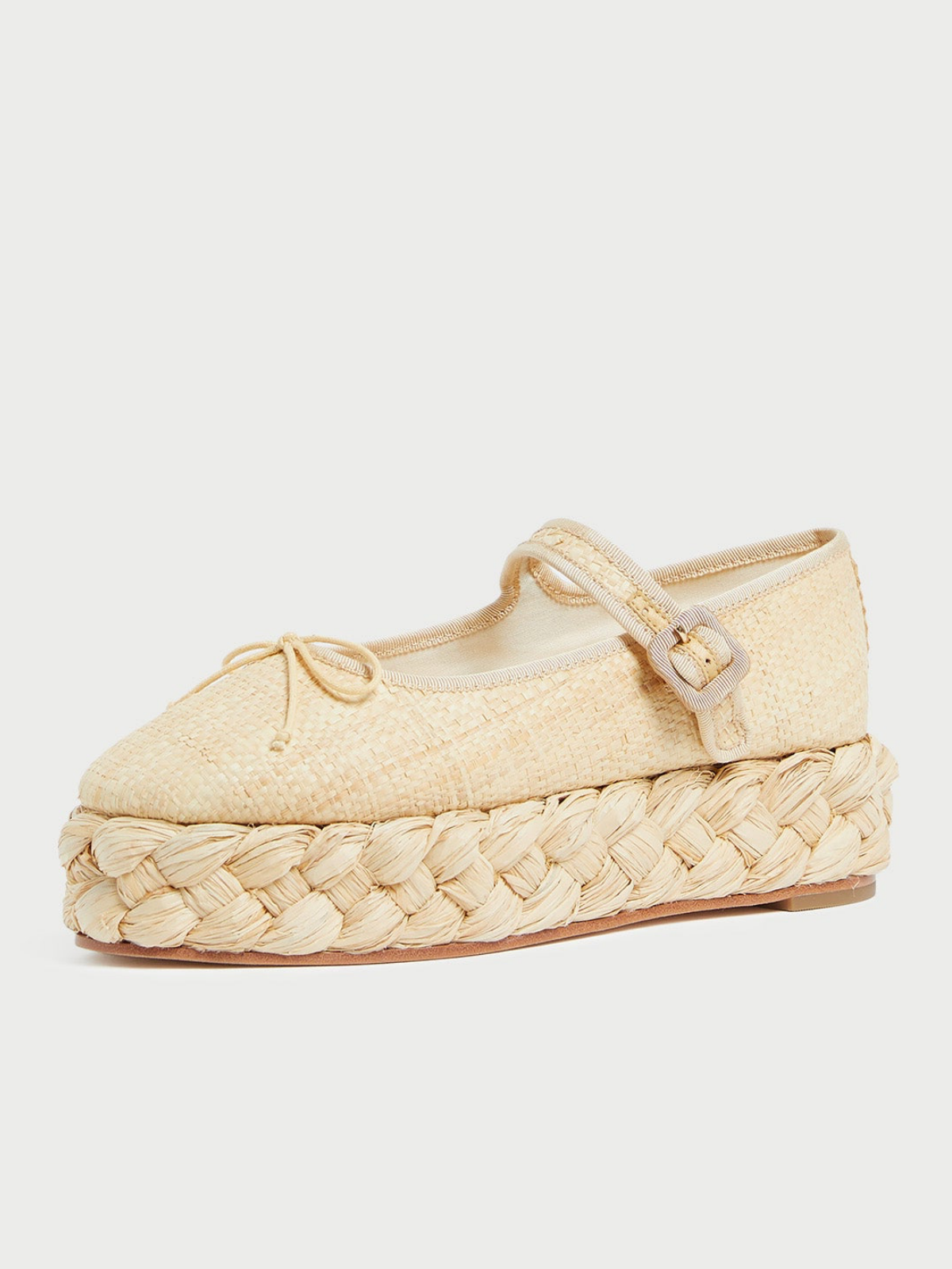 Beige Almond-Toe Adjustable Bridge Strap Bow Espadrille Mary Janes Flats