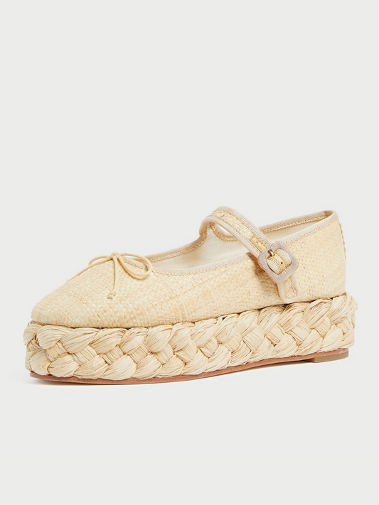 Beige Almond-Toe Adjustable Bridge Strap Bow Espadrille Mary Janes Flats