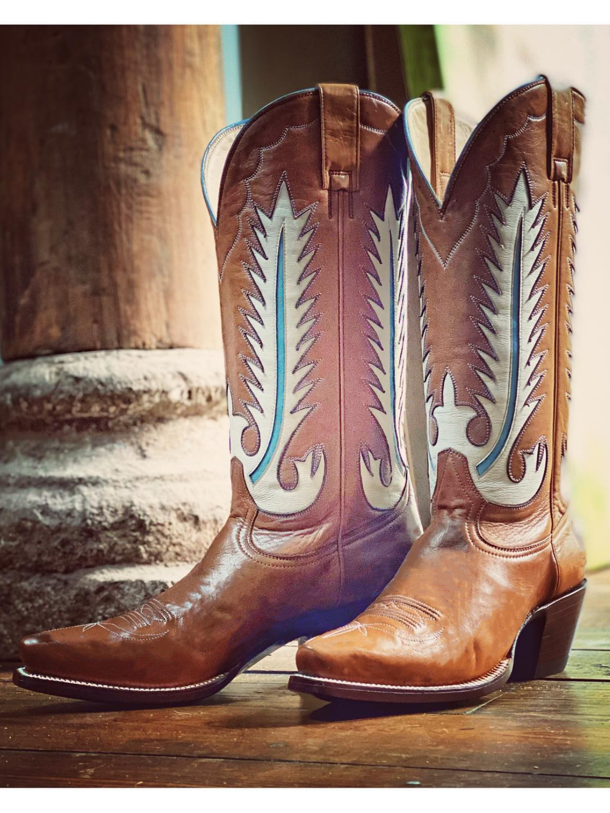 Caramel Brown Snip-Toe White Feather Inlay Wide Mid Calf Tall Cowgirl Boots