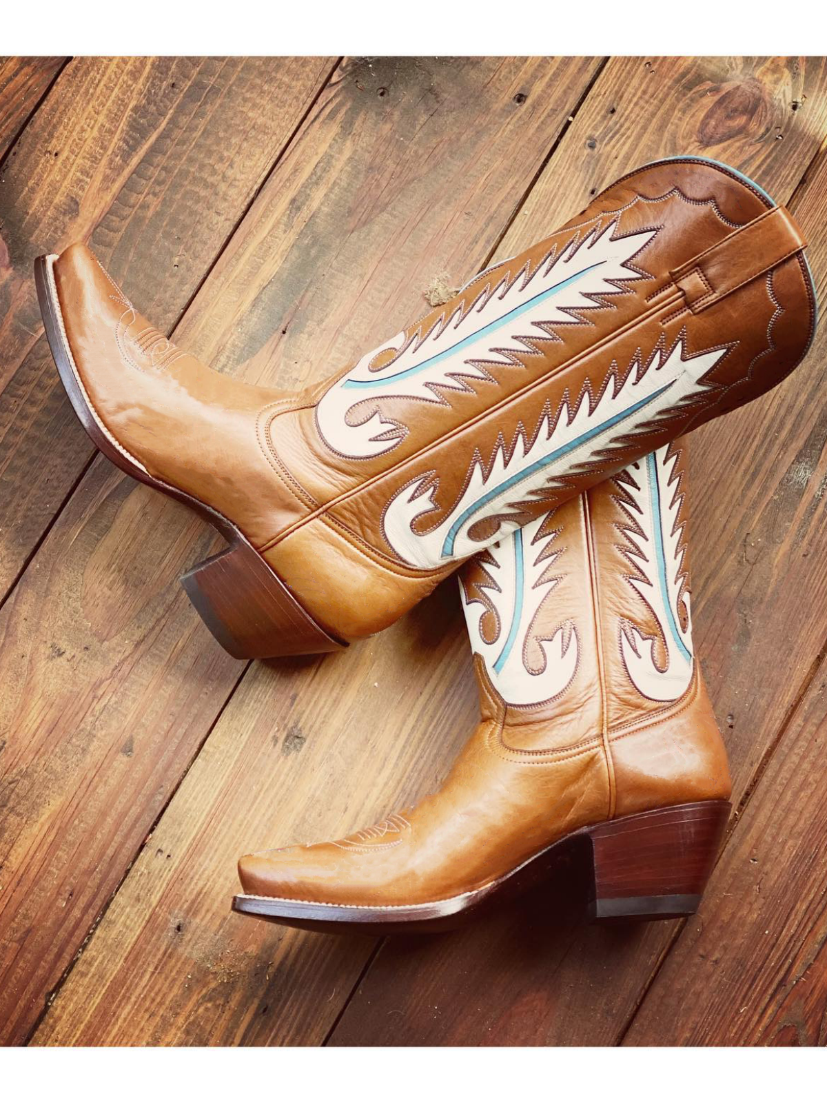 Caramel Brown Snip-Toe White Feather Inlay Wide Mid Calf Tall Cowgirl Boots