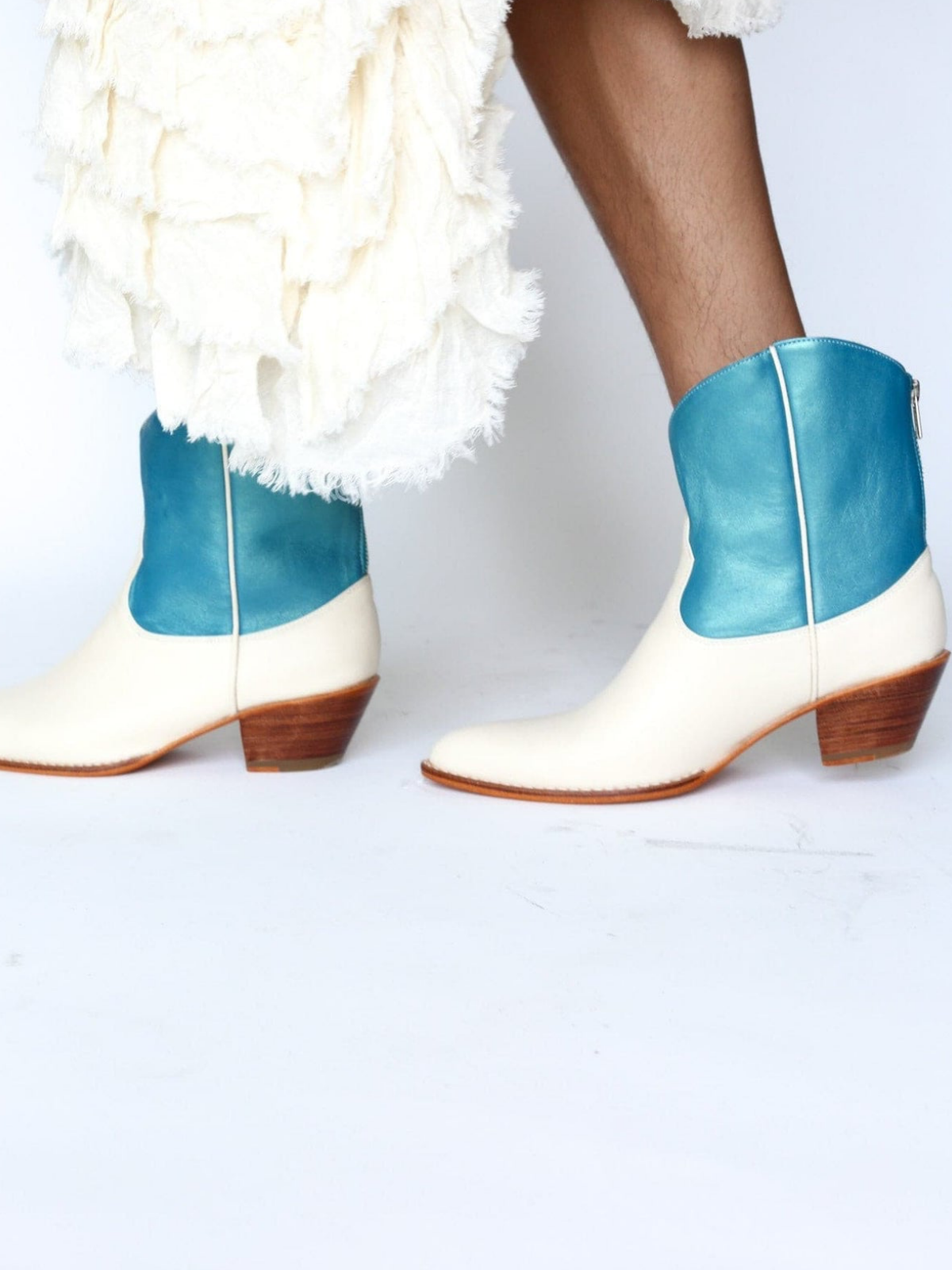 Contrast Cream And Metallic Blue Almond-Toe Back-Zip Mid Calf Cowgirl Boots