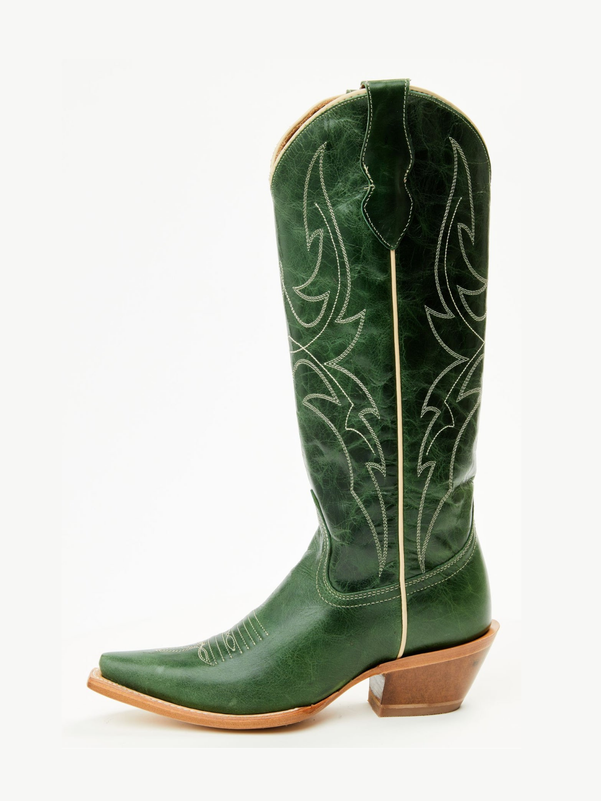 Distressed Green Snip-Toe Embroidery Wide Calf Knee High Cowgirl Boots